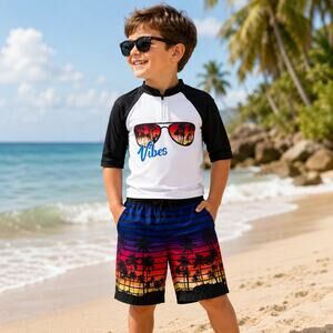 Boys XS 4/5 Swim Set Rash Guard Sunset Palm Tree Trunks Vacation Beach Cruise